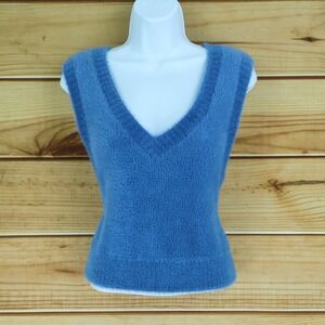 Forever 21 Cropped Sweater Vest Womens Sz L Blue 100%‎ Nylon V-Neck Soft Stretch